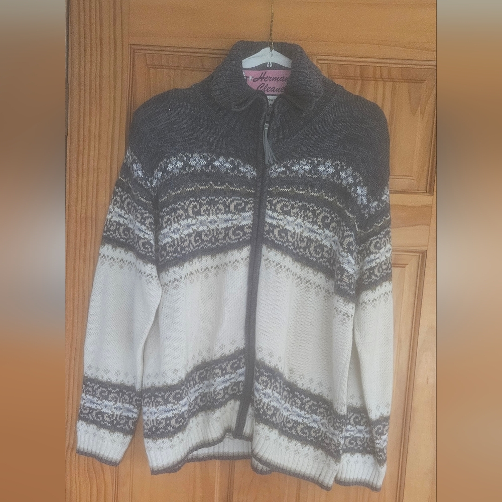 Gray and White Nordic Pattern Cardigan Sweater